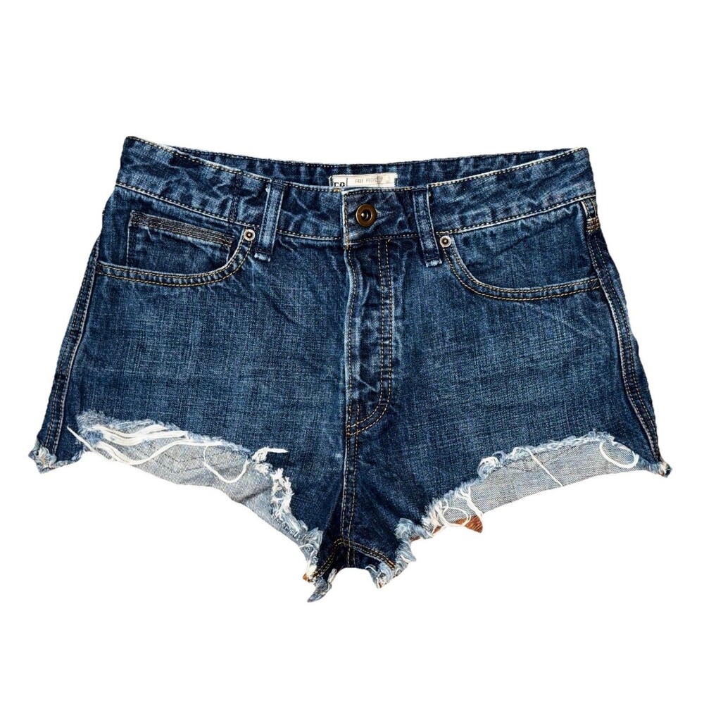 Free People Button Fly Hi Rise Cutoff Cheeky Denim Jean Shorts Med Wash Sz 27